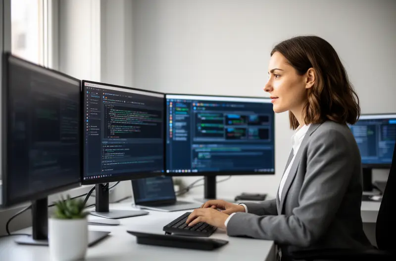 Técnico realizando mantenimiento informático preventivo en empresa de Móstoles, Centro de monitorización remota de sistemas informáticos empresariales, Implementación de soluciones de ciberseguridad en oficina de Móstoles, Equipo de soporte técnico atendiendo incidencia informática presencial, Panel de control de infraestructura IT con monitorización en tiempo real