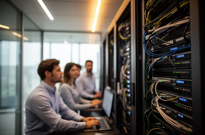 Técnico realizando mantenimiento preventivo en servidor empresarial, Centro de operaciones con monitorización de sistemas informáticos en tiempo real, Equipo de soporte técnico resolviendo incidencia crítica de forma remota, Infraestructura de red empresarial con protección perimetral avanzada, Sala de servidores con sistemas de backup y recuperación ante desastres