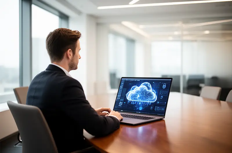 Técnico realizando mantenimiento preventivo en servidor empresarial, Centro de operaciones con monitorización de sistemas informáticos en tiempo real, Equipo de soporte técnico resolviendo incidencia crítica de forma remota, Infraestructura de red empresarial con protección perimetral avanzada, Sala de servidores con sistemas de backup y recuperación ante desastres