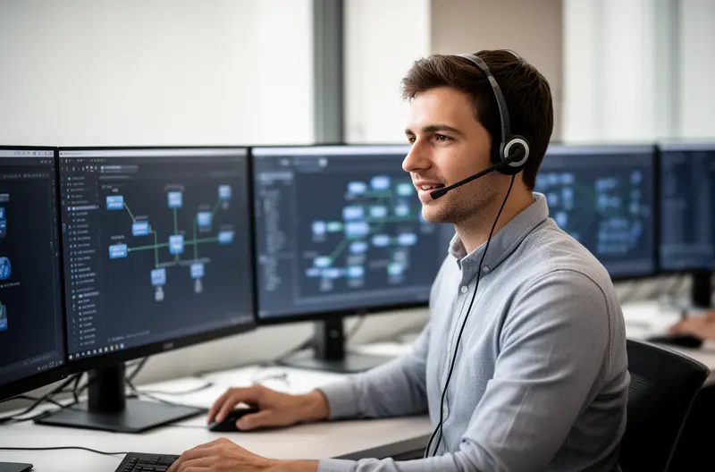 Técnico realizando mantenimiento preventivo en servidor empresarial, Centro de operaciones con monitorización de sistemas informáticos en tiempo real, Equipo de soporte técnico resolviendo incidencia crítica de forma remota, Infraestructura de red empresarial con protección perimetral avanzada, Sala de servidores con sistemas de backup y recuperación ante desastres