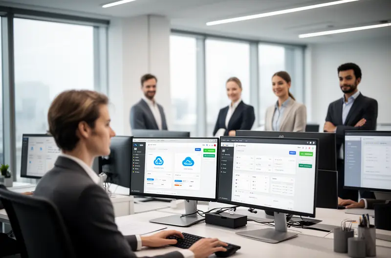 Técnico realizando mantenimiento preventivo en servidor empresarial, Centro de operaciones con monitorización de sistemas informáticos en tiempo real, Equipo de soporte técnico resolviendo incidencia crítica de forma remota, Infraestructura de red empresarial con protección perimetral avanzada, Sala de servidores con sistemas de backup y recuperación ante desastres