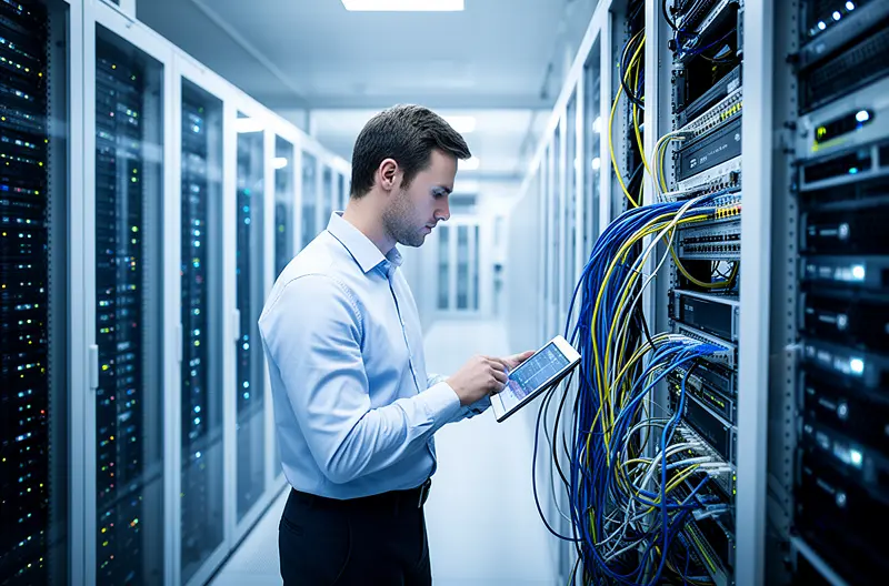 Técnico realizando auditoría de seguridad en infraestructura de red empresarial, Diagrama de topología de red durante proceso de evaluación de vulnerabilidades, Equipo de switches y routers siendo analizados en auditoría informática profesional, Panel de control mostrando resultados de análisis de seguridad de red corporativa, Profesional IT revisando documentación de políticas de seguridad en auditoría de redes