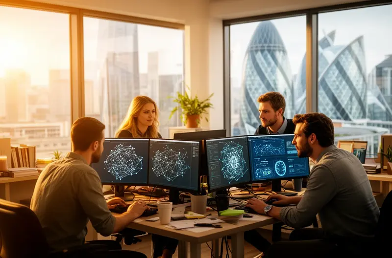 Técnico realizando auditoría de seguridad en infraestructura de red empresarial, Diagrama de topología de red durante proceso de evaluación de vulnerabilidades, Equipo de switches y routers siendo analizados en auditoría informática profesional, Panel de control mostrando resultados de análisis de seguridad de red corporativa, Profesional IT revisando documentación de políticas de seguridad en auditoría de redes