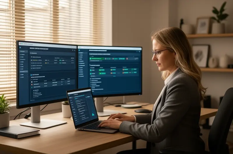 Técnico realizando auditoría de seguridad en infraestructura de red empresarial, Diagrama de topología de red durante proceso de evaluación de vulnerabilidades, Equipo de switches y routers siendo analizados en auditoría informática profesional, Panel de control mostrando resultados de análisis de seguridad de red corporativa, Profesional IT revisando documentación de políticas de seguridad en auditoría de redes