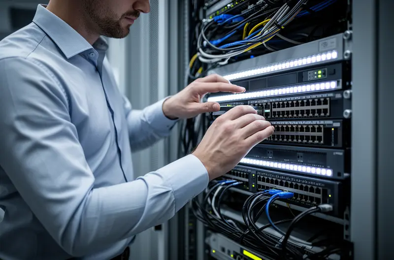 Técnico realizando auditoría de seguridad en infraestructura de red empresarial, Diagrama de topología de red durante proceso de evaluación de vulnerabilidades, Equipo de switches y routers siendo analizados en auditoría informática profesional, Panel de control mostrando resultados de análisis de seguridad de red corporativa, Profesional IT revisando documentación de políticas de seguridad en auditoría de redes