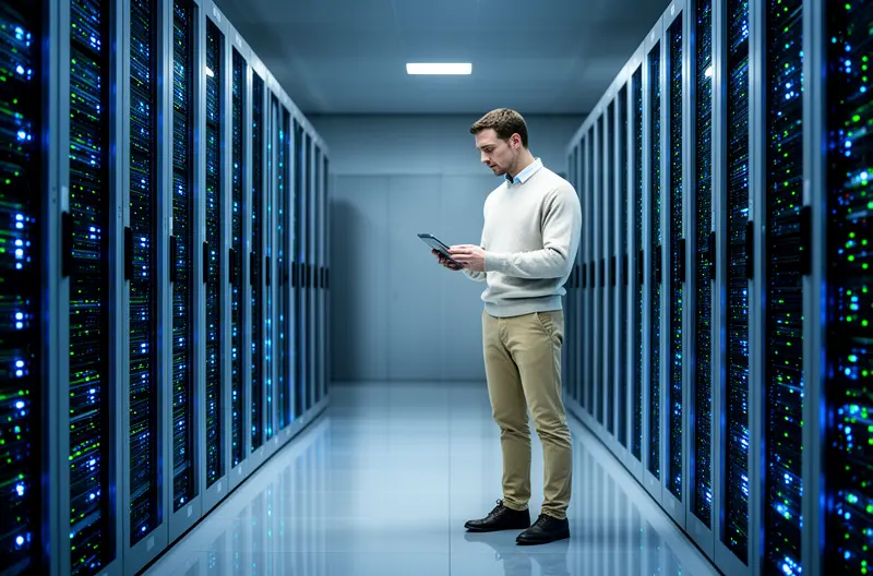 Técnico realizando mantenimiento preventivo en servidor empresarial, Equipo de soporte informático revisando sistemas de seguridad, Panel de monitorización de red en tiempo real, Sala de servidores con sistemas de backup activos, Consultor IT realizando auditoría tecnológica en oficina