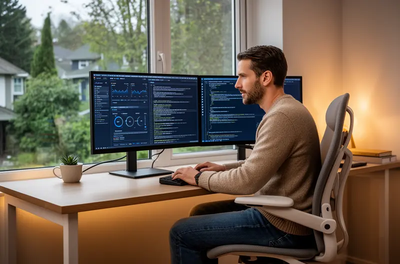 Técnico realizando mantenimiento preventivo en servidor empresarial, Equipo de soporte informático revisando sistemas de seguridad, Panel de monitorización de red en tiempo real, Sala de servidores con sistemas de backup activos, Consultor IT realizando auditoría tecnológica en oficina