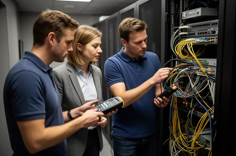 Técnico realizando mantenimiento preventivo en servidor empresarial, Equipo de soporte informático revisando sistemas de seguridad, Panel de monitorización de red en tiempo real, Sala de servidores con sistemas de backup activos, Consultor IT realizando auditoría tecnológica en oficina