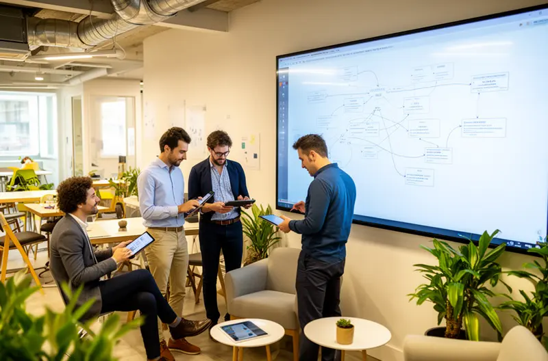 Técnico informático instalando red empresarial en oficina moderna, Equipo de consultores IT analizando infraestructura tecnológica de pyme, Sala de servidores con sistemas de seguridad y backup empresarial, Soporte técnico presencial configurando equipos informáticos en empresa, Dashboard de monitorización de sistemas IT con alertas preventivas