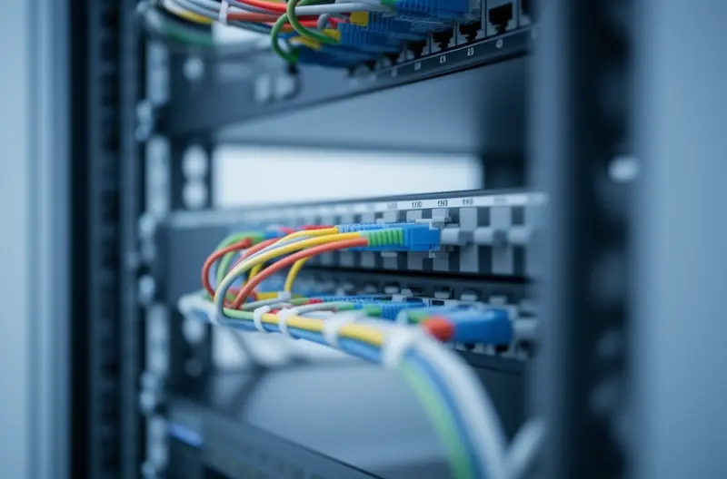 Sala de servidores con racks montados profesionalmente y cableado estructurado, Centro de proceso de datos con sistema de climatización y suelo técnico elevado, Técnico instalando equipamiento en rack de comunicaciones de CPD empresarial, Infraestructura de CPD con racks organizados y gestión de cables optimizada, Sistema de monitorización ambiental en centro de datos con racks de servidores