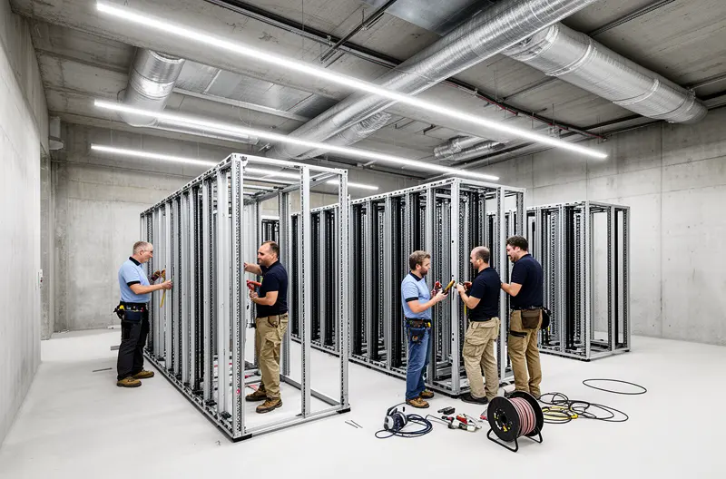 Sala de servidores con racks montados profesionalmente y cableado estructurado, Centro de proceso de datos con sistema de climatización y suelo técnico elevado, Técnico instalando equipamiento en rack de comunicaciones de CPD empresarial, Infraestructura de CPD con racks organizados y gestión de cables optimizada, Sistema de monitorización ambiental en centro de datos con racks de servidores