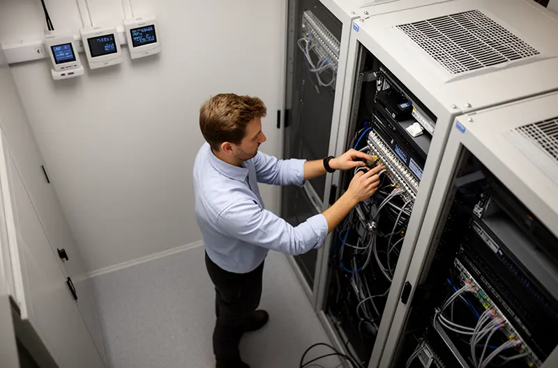 Sala de servidores con racks montados profesionalmente y cableado estructurado, Centro de proceso de datos con sistema de climatización y suelo técnico elevado, Técnico instalando equipamiento en rack de comunicaciones de CPD empresarial, Infraestructura de CPD con racks organizados y gestión de cables optimizada, Sistema de monitorización ambiental en centro de datos con racks de servidores