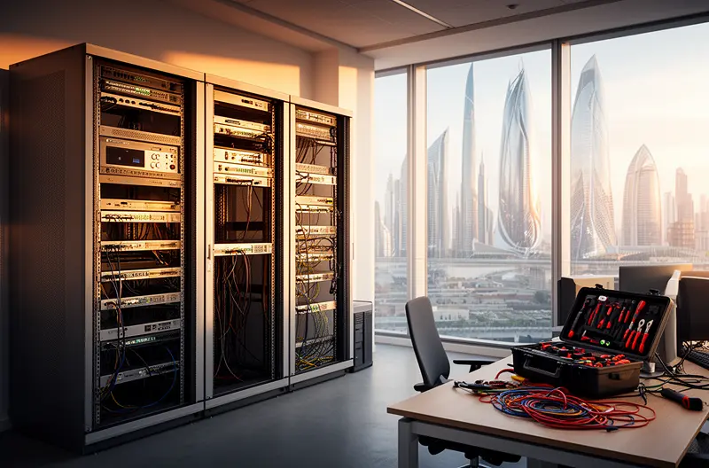 Sala de servidores con racks montados profesionalmente y cableado estructurado, Centro de proceso de datos con sistema de climatización y suelo técnico elevado, Técnico instalando equipamiento en rack de comunicaciones de CPD empresarial, Infraestructura de CPD con racks organizados y gestión de cables optimizada, Sistema de monitorización ambiental en centro de datos con racks de servidores