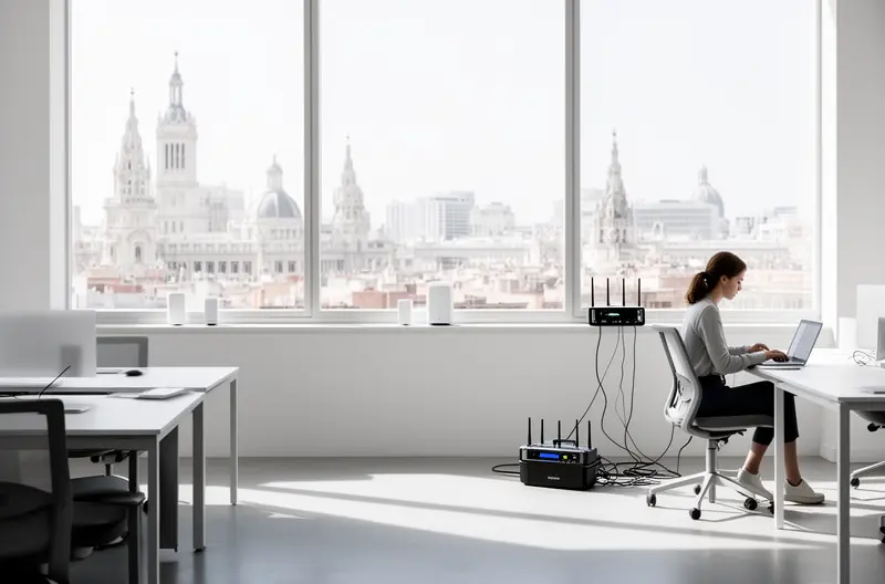 Instalación profesional de cableado estructurado en oficina empresarial de Madrid, Técnico configurando switch de red en rack organizado con etiquetado profesional, Punto de acceso inalámbrico empresarial montado en techo de oficina moderna, Firewall de seguridad Fortinet protegiendo red empresarial en Madrid, Certificación de red informática con equipo de medición especializado