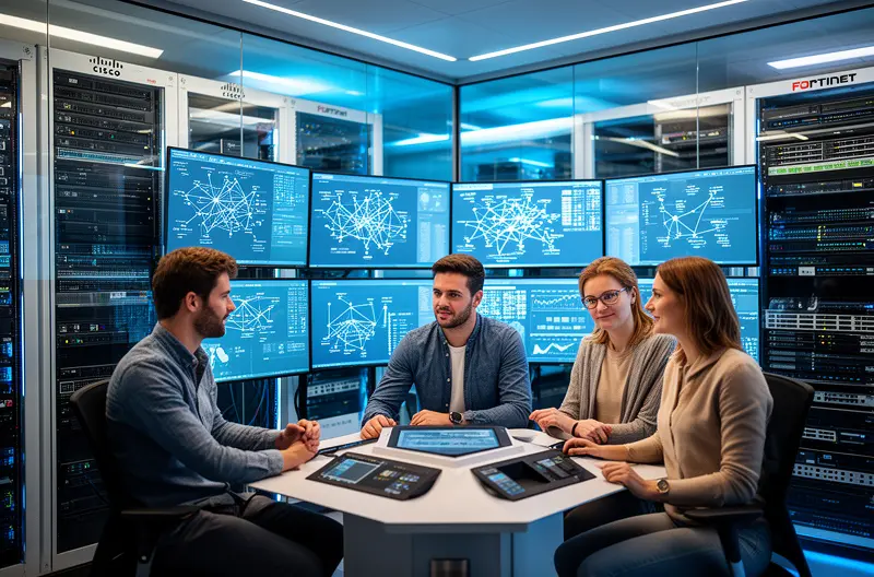 Instalación profesional de cableado estructurado en oficina empresarial de Madrid, Técnico configurando switch de red en rack organizado con etiquetado profesional, Punto de acceso inalámbrico empresarial montado en techo de oficina moderna, Firewall de seguridad Fortinet protegiendo red empresarial en Madrid, Certificación de red informática con equipo de medición especializado