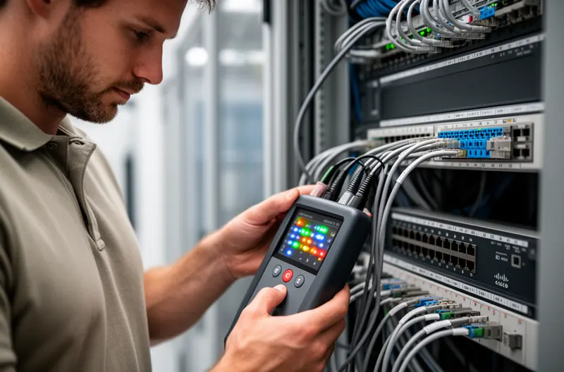 Instalación profesional de cableado estructurado en oficina empresarial de Madrid, Técnico configurando switch de red en rack organizado con etiquetado profesional, Punto de acceso inalámbrico empresarial montado en techo de oficina moderna, Firewall de seguridad Fortinet protegiendo red empresarial en Madrid, Certificación de red informática con equipo de medición especializado