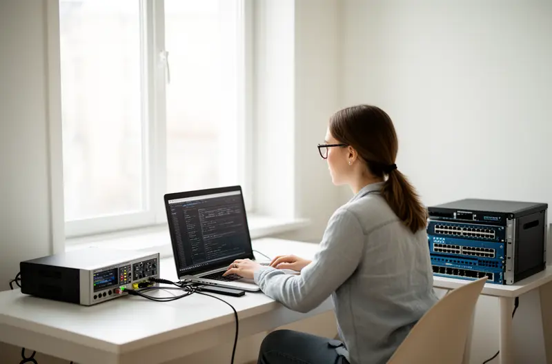Instalación profesional de cableado estructurado en oficina empresarial de Madrid, Técnico configurando switch de red en rack organizado con etiquetado profesional, Punto de acceso inalámbrico empresarial montado en techo de oficina moderna, Firewall de seguridad Fortinet protegiendo red empresarial en Madrid, Certificación de red informática con equipo de medición especializado