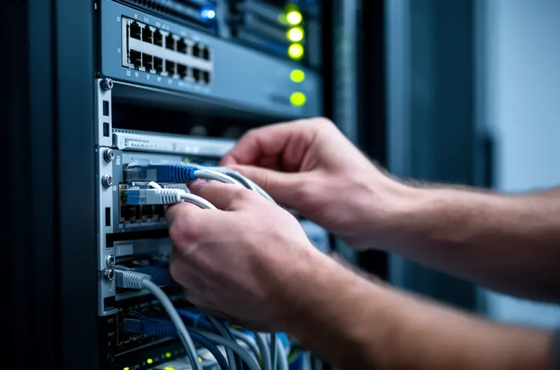 Técnico configurando firewall empresarial en rack de servidores, Interfaz de administración de firewall UTM mostrando dashboard de seguridad, Diagrama de arquitectura de red con firewall protegiendo perímetro, Consola de gestión centralizada monitoreando múltiples firewalls, Equipo de especialistas instalando solución de firewall hardware