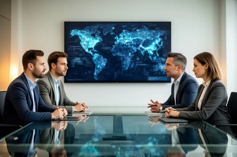 Equipo de profesionales analizando estrategias de ciberseguridad en pantallas de monitorización, Firewall de próxima generación protegiendo red empresarial contra amenazas externas, Sistema de backup automatizado realizando copias de seguridad de datos críticos empresariales, Autenticación multifactor en dispositivo móvil para acceso seguro a sistemas corporativos, Panel de control centralizado mostrando estado de seguridad de endpoints empresariales