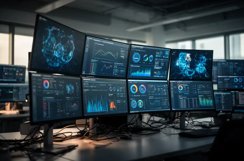 Equipo de profesionales analizando estrategias de ciberseguridad en pantallas de monitorización, Firewall de próxima generación protegiendo red empresarial contra amenazas externas, Sistema de backup automatizado realizando copias de seguridad de datos críticos empresariales, Autenticación multifactor en dispositivo móvil para acceso seguro a sistemas corporativos, Panel de control centralizado mostrando estado de seguridad de endpoints empresariales