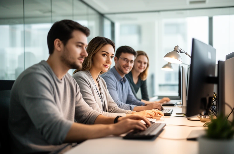 Equipo técnico realizando auditoría de seguridad informática en sala de servidores, Diagrama de fases del proceso de auditoría informática empresarial, Especialista analizando vulnerabilidades en infraestructura tecnológica corporativa, Informe detallado de auditoría de ciberseguridad con recomendaciones prioritarias, Consultor IT evaluando cumplimiento normativo ISO 27001 en empresa