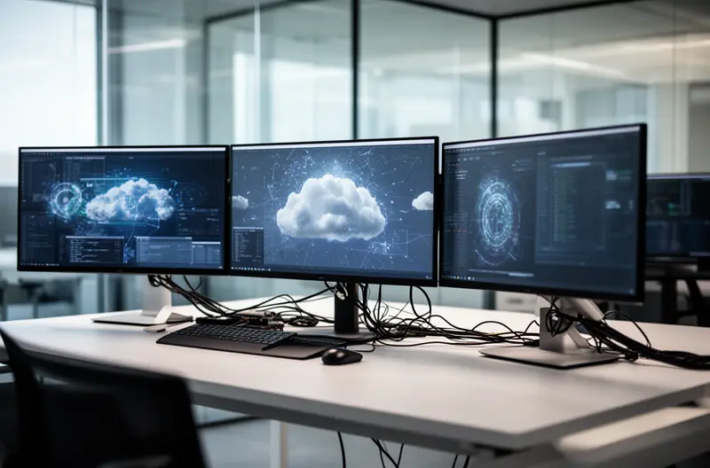 Técnico realizando mantenimiento proactivo en servidor empresarial, Panel de monitorización continua de infraestructura IT en tiempo real, Equipo implementando plan de mantenimiento informático preventivo, Herramientas de seguridad y backup para mantenimiento proactivo, Auditoría tecnológica de sistemas informáticos empresariales