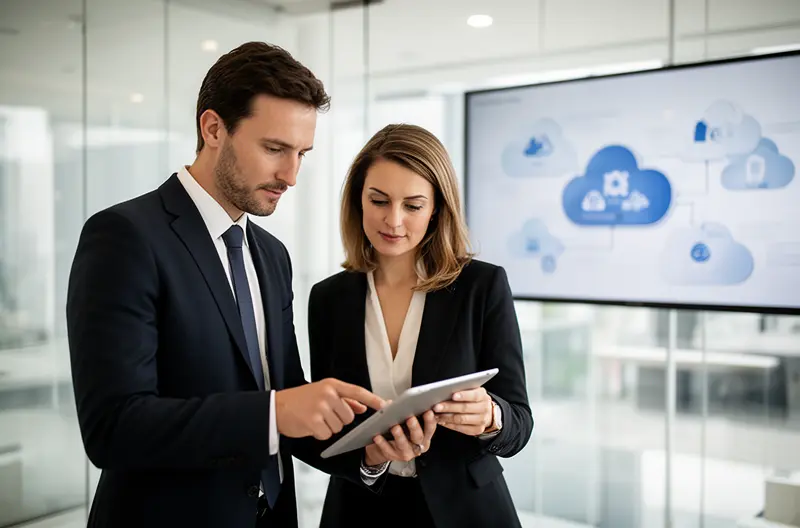 Diagrama de arquitectura de infraestructura IT empresarial moderna con servidores y redes, Equipo técnico realizando auditoría de sistemas informáticos en centro de datos, Panel de monitorización de infraestructura IT mostrando métricas de rendimiento en tiempo real, Implementación de soluciones cloud y virtualización en entorno empresarial, Profesionales IT configurando sistemas de seguridad y backup para infraestructura corporativa