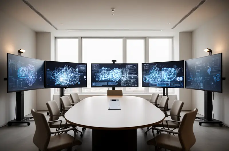Diagrama de arquitectura de infraestructura IT empresarial moderna con servidores y redes, Equipo técnico realizando auditoría de sistemas informáticos en centro de datos, Panel de monitorización de infraestructura IT mostrando métricas de rendimiento en tiempo real, Implementación de soluciones cloud y virtualización en entorno empresarial, Profesionales IT configurando sistemas de seguridad y backup para infraestructura corporativa
