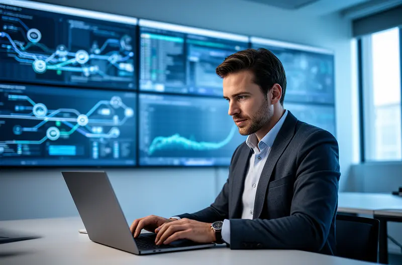 Diagrama de arquitectura de infraestructura IT empresarial moderna con servidores y redes, Equipo técnico realizando auditoría de sistemas informáticos en centro de datos, Panel de monitorización de infraestructura IT mostrando métricas de rendimiento en tiempo real, Implementación de soluciones cloud y virtualización en entorno empresarial, Profesionales IT configurando sistemas de seguridad y backup para infraestructura corporativa