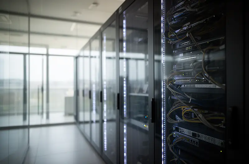 Diagrama de arquitectura de infraestructura IT empresarial moderna con servidores y redes, Equipo técnico realizando auditoría de sistemas informáticos en centro de datos, Panel de monitorización de infraestructura IT mostrando métricas de rendimiento en tiempo real, Implementación de soluciones cloud y virtualización en entorno empresarial, Profesionales IT configurando sistemas de seguridad y backup para infraestructura corporativa