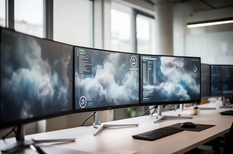 Diagrama de arquitectura de infraestructura IT empresarial moderna con servidores y redes, Equipo técnico realizando auditoría de sistemas informáticos en centro de datos, Panel de monitorización de infraestructura IT mostrando métricas de rendimiento en tiempo real, Implementación de soluciones cloud y virtualización en entorno empresarial, Profesionales IT configurando sistemas de seguridad y backup para infraestructura corporativa