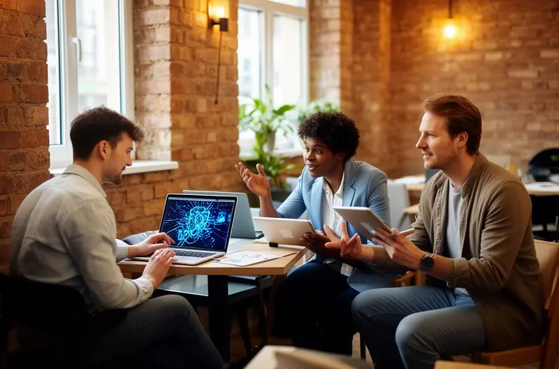 Equipo técnico implementando soluciones de seguridad informática en empresa, Infraestructura tecnológica protegida con firewall y sistemas de backup, Profesionales analizando vulnerabilidades en red empresarial, Dashboard de monitorización de seguridad informática en tiempo real, Formación en ciberseguridad para empleados de empresa