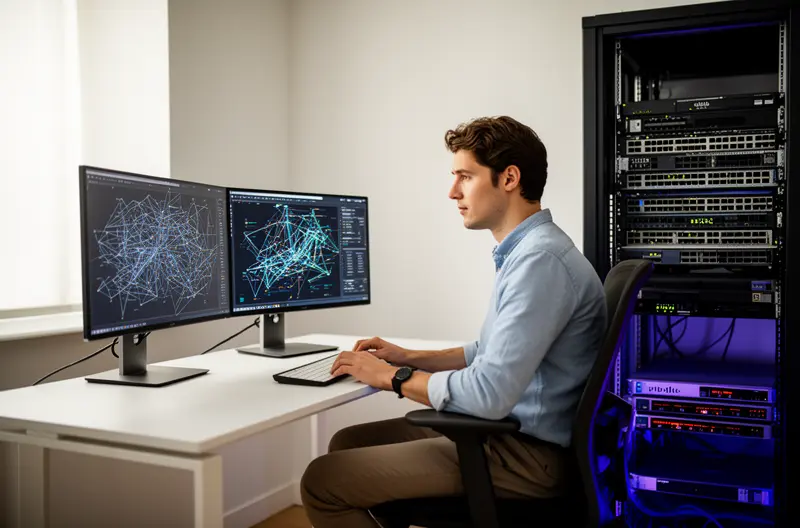 Infraestructura de red corporativa moderna con switches y cableado estructurado, Equipo técnico instalando puntos de acceso inalámbricos en oficina corporativa, Firewall de nueva generación protegiendo red empresarial, Sala de servidores con sistemas de backup y monitorización activa, Diagrama de red corporativa segmentada con VLANs y control de accesos