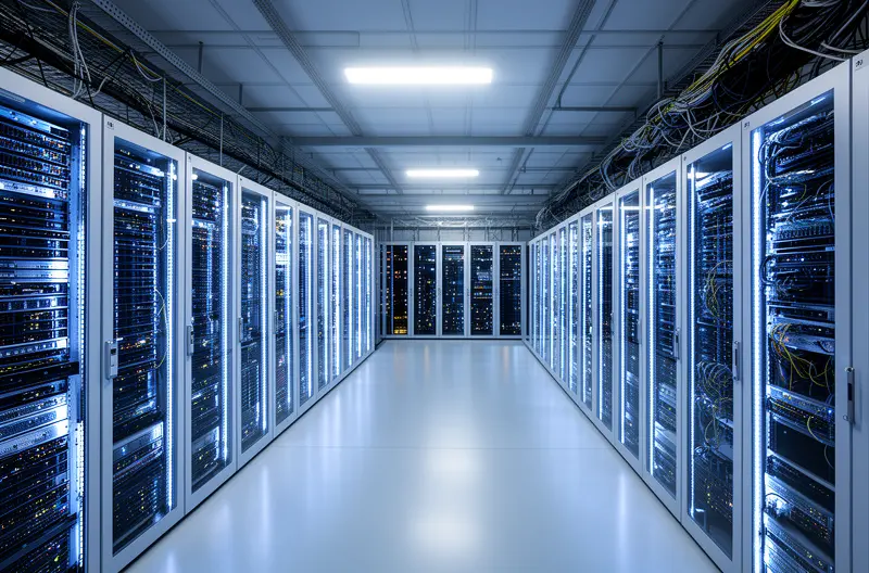 Infraestructura de red corporativa moderna con switches y cableado estructurado, Equipo técnico instalando puntos de acceso inalámbricos en oficina corporativa, Firewall de nueva generación protegiendo red empresarial, Sala de servidores con sistemas de backup y monitorización activa, Diagrama de red corporativa segmentada con VLANs y control de accesos