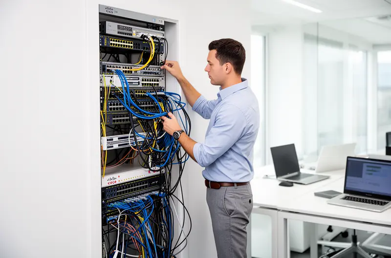 Infraestructura de red corporativa moderna con switches y cableado estructurado, Equipo técnico instalando puntos de acceso inalámbricos en oficina corporativa, Firewall de nueva generación protegiendo red empresarial, Sala de servidores con sistemas de backup y monitorización activa, Diagrama de red corporativa segmentada con VLANs y control de accesos