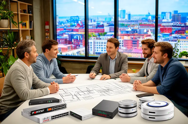 Infraestructura de red corporativa moderna con switches y cableado estructurado, Equipo técnico instalando puntos de acceso inalámbricos en oficina corporativa, Firewall de nueva generación protegiendo red empresarial, Sala de servidores con sistemas de backup y monitorización activa, Diagrama de red corporativa segmentada con VLANs y control de accesos