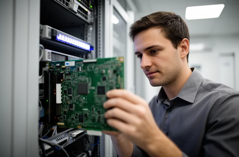 Técnico instalando centralita telefónica empresarial, Panel de control de centralita IP con conexiones activas, Mantenimiento preventivo de sistema telefónico corporativo, Integración de centralita VoIP con CRM empresarial, Sala de comunicaciones con equipos de telefonía profesional