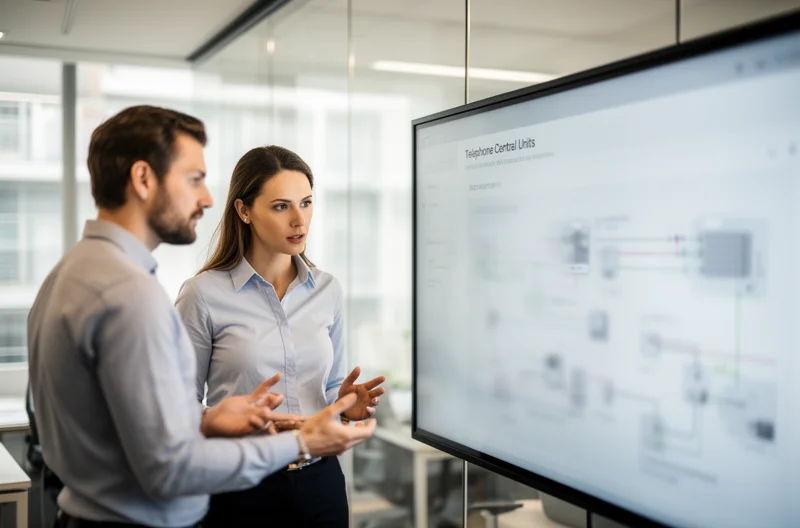 Técnico instalando centralita telefónica empresarial, Panel de control de centralita IP con conexiones activas, Mantenimiento preventivo de sistema telefónico corporativo, Integración de centralita VoIP con CRM empresarial, Sala de comunicaciones con equipos de telefonía profesional