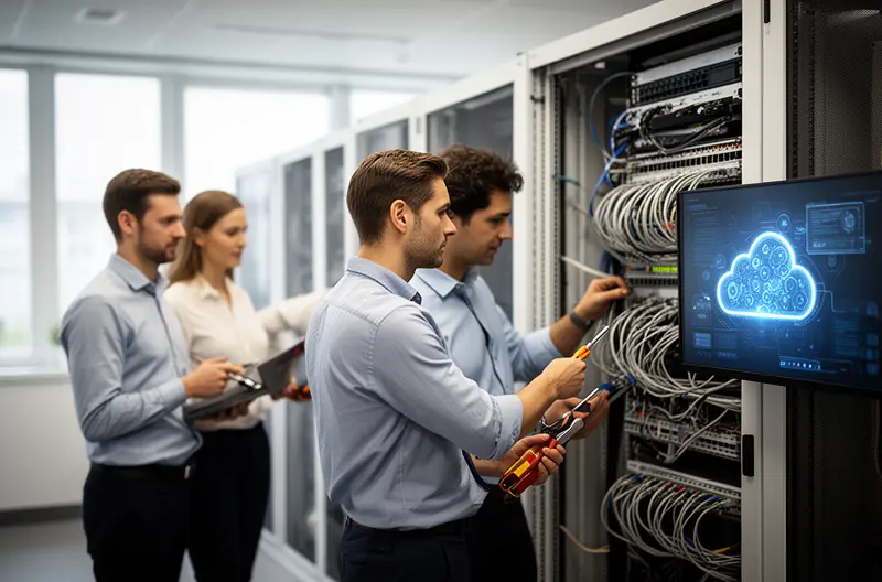 Técnico instalando centralita telefónica empresarial, Panel de control de centralita IP con conexiones activas, Mantenimiento preventivo de sistema telefónico corporativo, Integración de centralita VoIP con CRM empresarial, Sala de comunicaciones con equipos de telefonía profesional