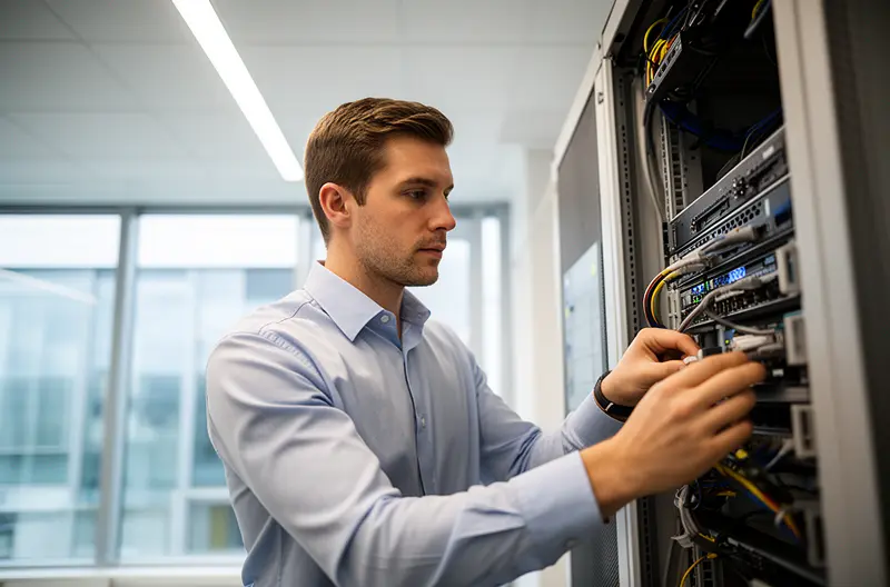 Técnico realizando mantenimiento preventivo en infraestructura de red empresarial, Panel de monitorización de red mostrando métricas de rendimiento y disponibilidad, Equipo de switches y routers en rack de comunicaciones con cableado estructurado, Ingeniero configurando firewall para mantenimiento de seguridad de red, Sala de servidores con infraestructura de red organizada y documentada