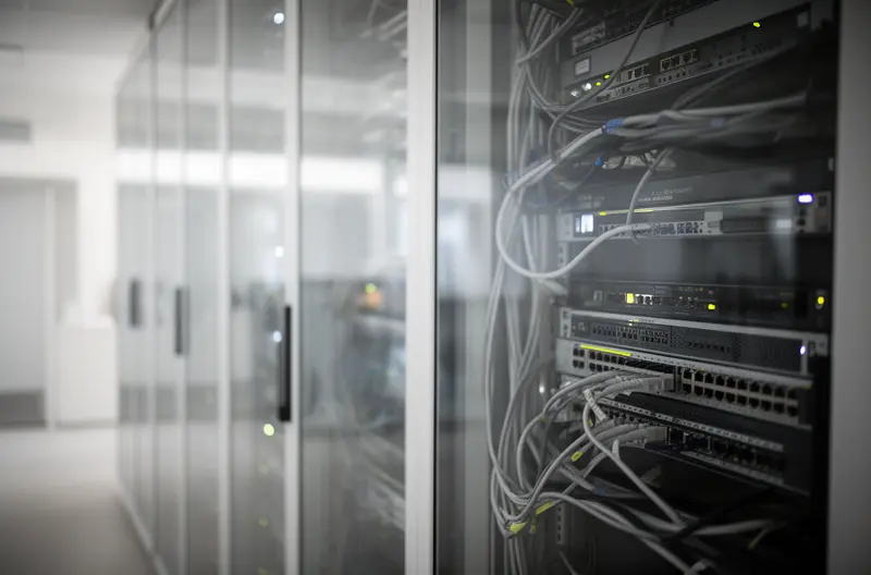 Técnico realizando mantenimiento preventivo en infraestructura de red empresarial, Panel de monitorización de red mostrando métricas de rendimiento y disponibilidad, Equipo de switches y routers en rack de comunicaciones con cableado estructurado, Ingeniero configurando firewall para mantenimiento de seguridad de red, Sala de servidores con infraestructura de red organizada y documentada