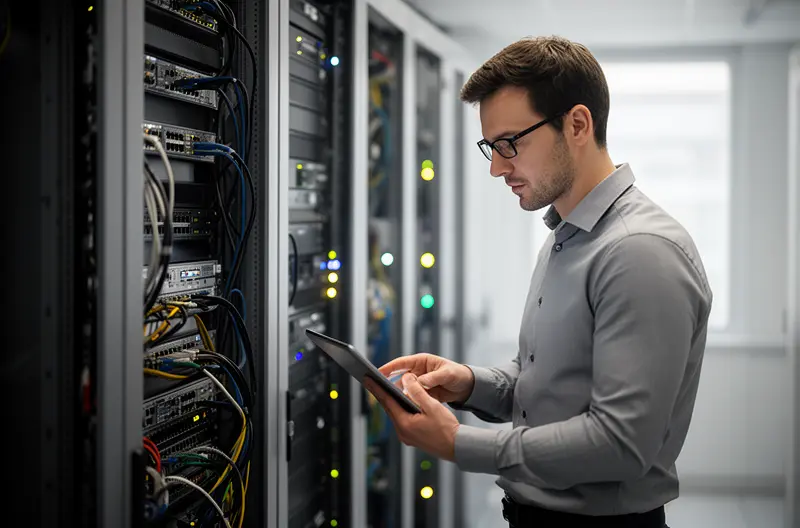 Técnico realizando mantenimiento preventivo en infraestructura de red empresarial, Panel de monitorización de red mostrando métricas de rendimiento y disponibilidad, Equipo de switches y routers en rack de comunicaciones con cableado estructurado, Ingeniero configurando firewall para mantenimiento de seguridad de red, Sala de servidores con infraestructura de red organizada y documentada