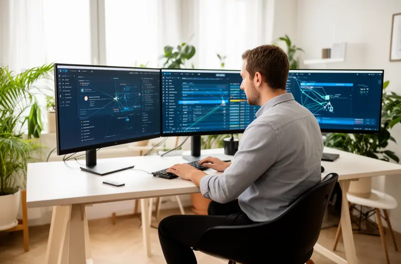 Administrador configurando sistema de gestión de redes empresariales en centro de datos, Dashboard de monitorización en tiempo real mostrando métricas de rendimiento de red corporativa, Infraestructura de red empresarial con switches y routers gestionados profesionalmente, Técnico realizando auditoría de seguridad en red IT corporativa, Diagrama de arquitectura SD-WAN para gestión optimizada de redes empresariales