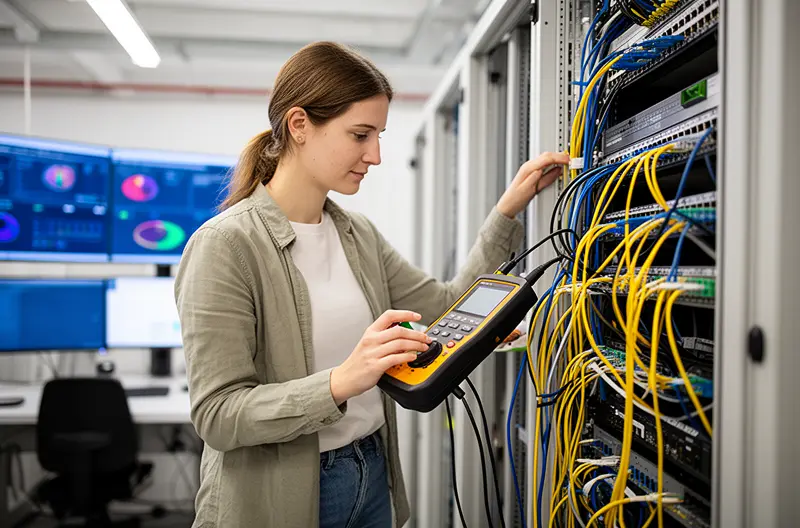 Administrador configurando sistema de gestión de redes empresariales en centro de datos, Dashboard de monitorización en tiempo real mostrando métricas de rendimiento de red corporativa, Infraestructura de red empresarial con switches y routers gestionados profesionalmente, Técnico realizando auditoría de seguridad en red IT corporativa, Diagrama de arquitectura SD-WAN para gestión optimizada de redes empresariales