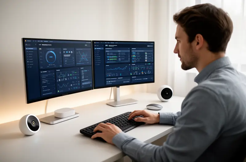 Administrador configurando sistema de gestión de redes empresariales en centro de datos, Dashboard de monitorización en tiempo real mostrando métricas de rendimiento de red corporativa, Infraestructura de red empresarial con switches y routers gestionados profesionalmente, Técnico realizando auditoría de seguridad en red IT corporativa, Diagrama de arquitectura SD-WAN para gestión optimizada de redes empresariales