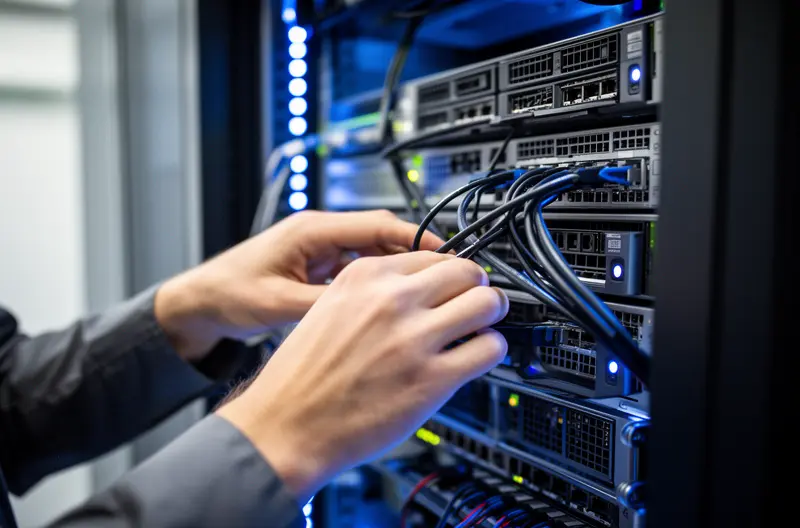 Equipo técnico gestionando infraestructura IT externalizada en sala de servidores, Profesionales revisando estrategia de outsourcing informático en oficina moderna, Técnico configurando sistemas de ciberseguridad en entorno empresarial, Dashboard de monitorización de servicios IT gestionados en pantalla, Reunión de planificación de transición a externalización de servicios tecnológicos