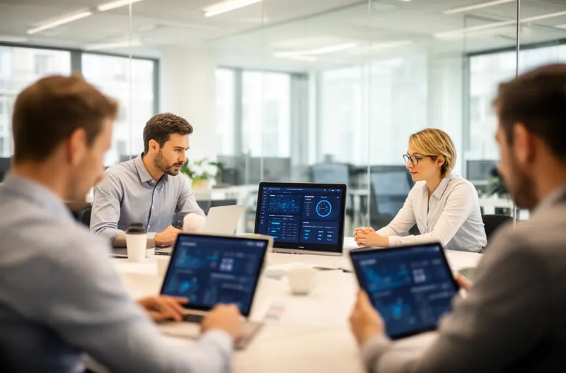 Equipo técnico gestionando infraestructura IT externalizada en sala de servidores, Profesionales revisando estrategia de outsourcing informático en oficina moderna, Técnico configurando sistemas de ciberseguridad en entorno empresarial, Dashboard de monitorización de servicios IT gestionados en pantalla, Reunión de planificación de transición a externalización de servicios tecnológicos
