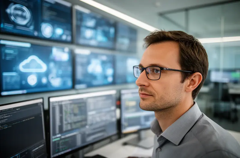Equipo técnico gestionando infraestructura IT externalizada en sala de servidores, Profesionales revisando estrategia de outsourcing informático en oficina moderna, Técnico configurando sistemas de ciberseguridad en entorno empresarial, Dashboard de monitorización de servicios IT gestionados en pantalla, Reunión de planificación de transición a externalización de servicios tecnológicos