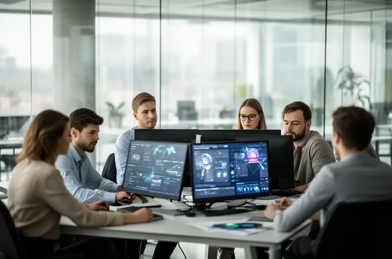 Equipo técnico gestionando infraestructura IT externalizada en sala de servidores, Profesionales revisando estrategia de outsourcing informático en oficina moderna, Técnico configurando sistemas de ciberseguridad en entorno empresarial, Dashboard de monitorización de servicios IT gestionados en pantalla, Reunión de planificación de transición a externalización de servicios tecnológicos
