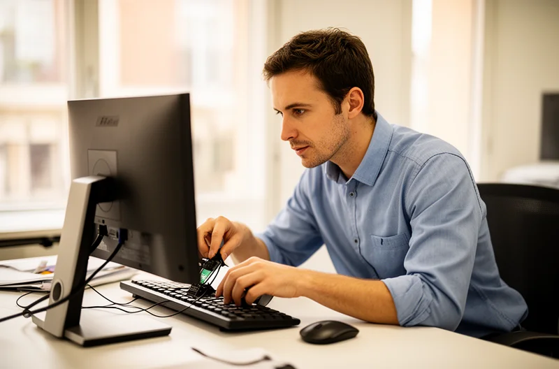 Técnico de soporte IT trabajando en oficina de Madrid, Equipo informático realizando mantenimiento preventivo en empresa, Monitorización de sistemas IT en tiempo real desde centro de control, Profesional configurando infraestructura de red en empresa madrileña, Consultor IT analizando seguridad informática en oficina corporativa